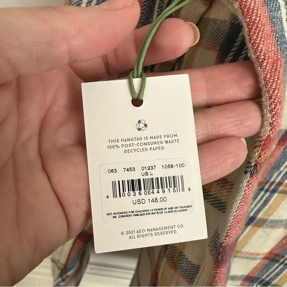 Ae77 American Eagle Men’s Long Sleeve Cream Plaid Button Up Shirt Sz L NWT